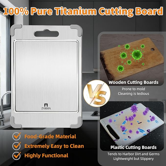 ZYBIDEAL 3Pcs 100% Pure Titanium Cutting Board with Grooves, Update Double Side Titanium Chopping Board, Silicone Anti-slip Stainless Cutting Boards Set for Kitchen