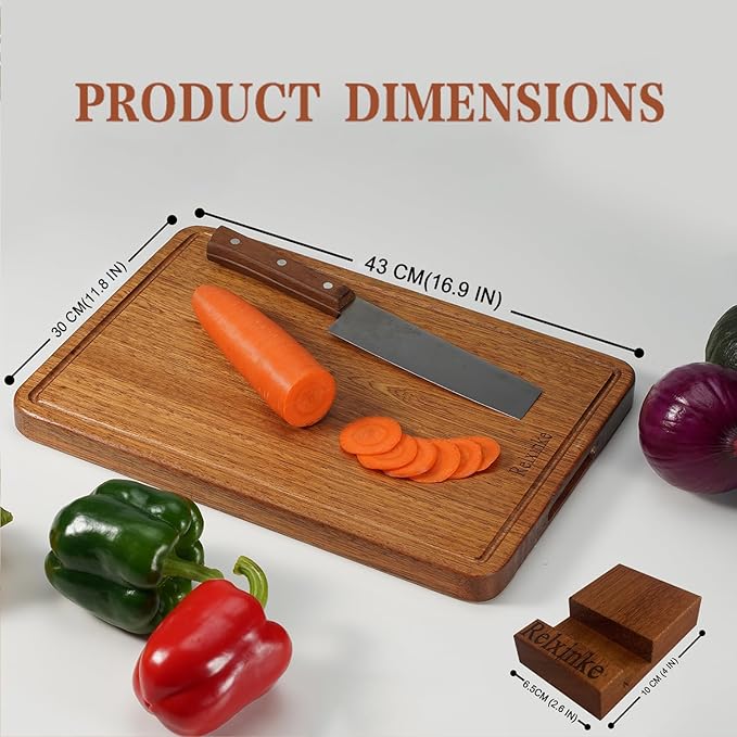 Relxinke Solid Teak Wood Cutting Board One Piece Non Glued Large Thick Crack Resistant Wooden Chopping Board with DeepJuice Grooves Built in Handles for Kitchen Meat Vegetable 16.9x11.8 IN