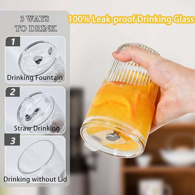 Ribbed 16oz Glass Cups with Lids and Straws Ribbed Drinking Glasses Cup Leak Proof Iced Coffee Glass Tumbler Set of 2 for Soda Smoothie Juice