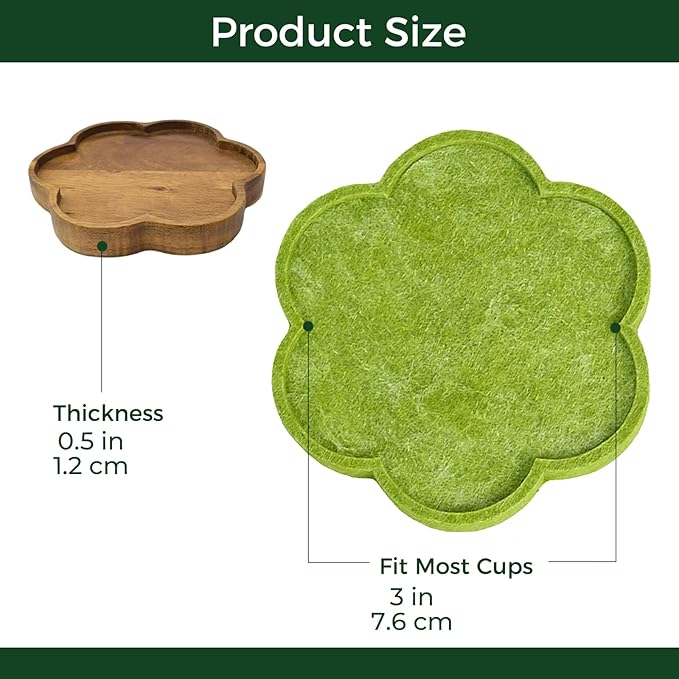 8-Piece Acacia Wood & Absorbent Felt Coaster Set with Stand, Decorative Flower Design - 4" Minimalist Drink Holders for Cold & Hot Drinks, Rustic Modern Decor for Bar & Office - Natural