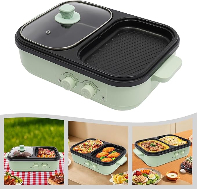 1300W & Nonstick Dual Zone Electric Hot Pot & Tabletop Grill for 6 People, Multi-Cooker for Hot Pot, BBQ, Korean BBQ, Shabu Shabu, Family Dinner & Party, 110V (1300w+green)