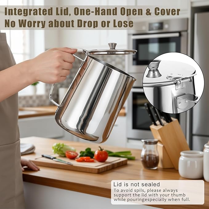 67 oz 304 Stainless Steel Pitcher with Lid, 2 L Large Mouth Graduated Beakers, Large Metal Measuring Cup with Handle, Milk Frothing Jug for Latte Art, Espresso Machines, Iced Tea