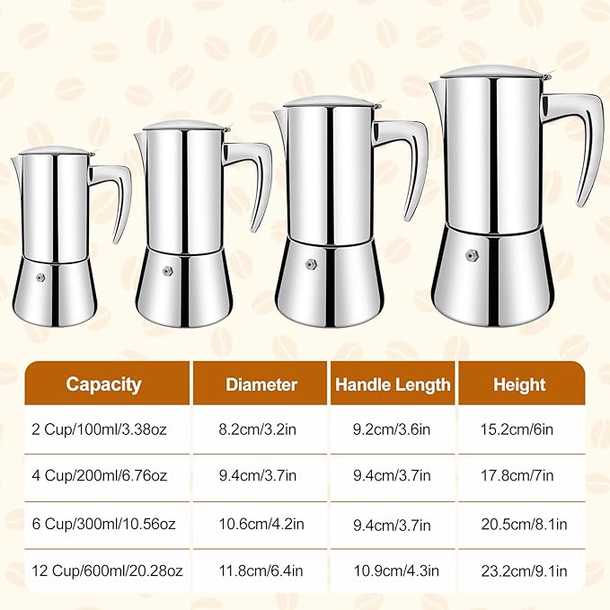 Vaolvpant No Coating 12 Cup Thickened 304 Stainless Steel Moka Pot Stovetop Espresso Maker Italian Coffee Machine 600ml 20.3oz Suitable for Gas Induction Stovetop Greca Coffee Maker Percolator