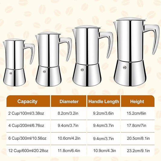 Vaolvpant No Coating 12 Cup Thickened 304 Stainless Steel Moka Pot Stovetop Espresso Maker Italian Coffee Machine 600ml 20.3oz Suitable for Gas Induction Stovetop Greca Coffee Maker Percolator