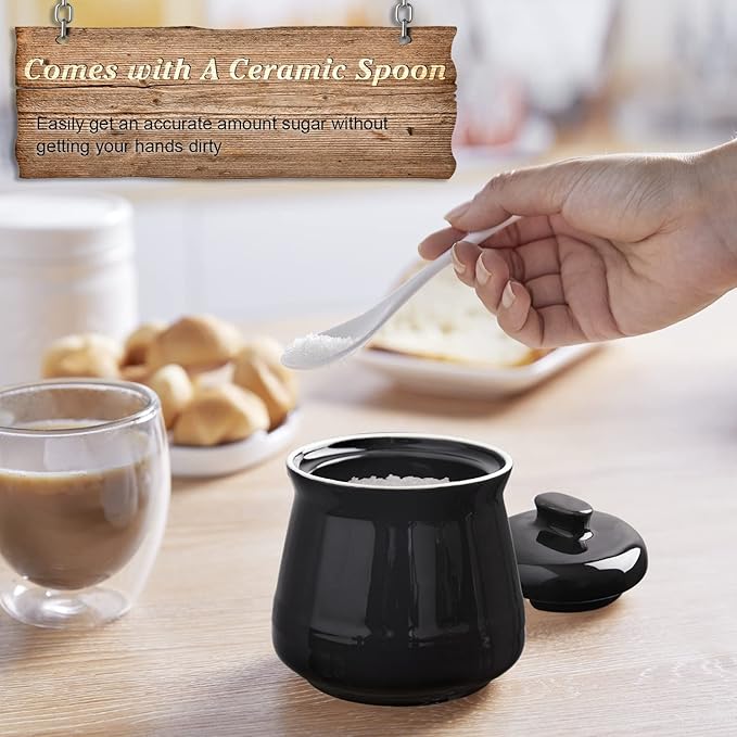 Sugar Bowl with Lid and Spoon, 12 oz Ceramic Sugar Bowl with Spoon, Sugar Container for Coffee Bar, Sugar Jar Sugar Dispenser Bowl, Modern Kitchen Decor, Black
