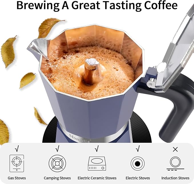Mongdio Stovetop Espresso Maker Moka Pot, Stove Top Cuban Coffee Maker, Italian Greca Mocha Pot, 12 Espresso Cups, 20 oz - Blue