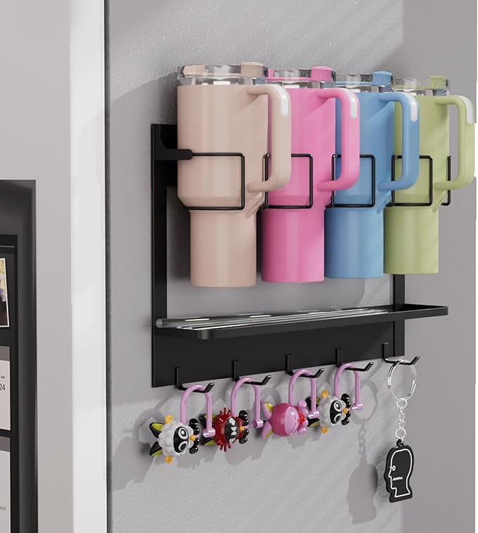 Magnetic Cup Holder for Stanley 20/30/40 oz, Water Bottle Organizer for Stanley & Most Tumblers Kitchen Cabinet Fridge Storage Rack with 5 Hook