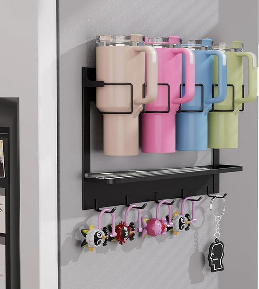 Magnetic Cup Holder for Stanley 20/30/40 oz, Water Bottle Organizer for Stanley & Most Tumblers Kitchen Cabinet Fridge Storage Rack with 5 Hook