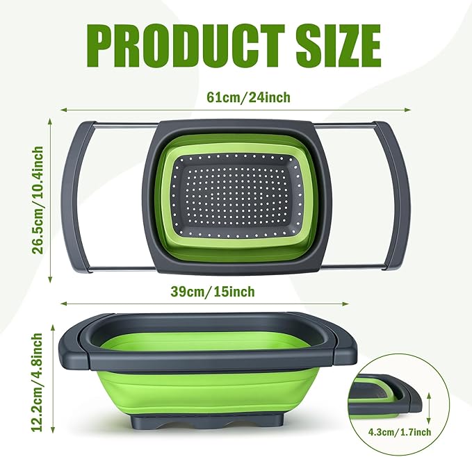 2 Pack Collapsible Colander Strainer, 6 Quart Over the Sink Colander with Ergonomic Non-Slip Handles, Durable Silicone Strainer for Veggies Fruits Pasta, Dishwasher Safe Space-Saving Kitchen Essential