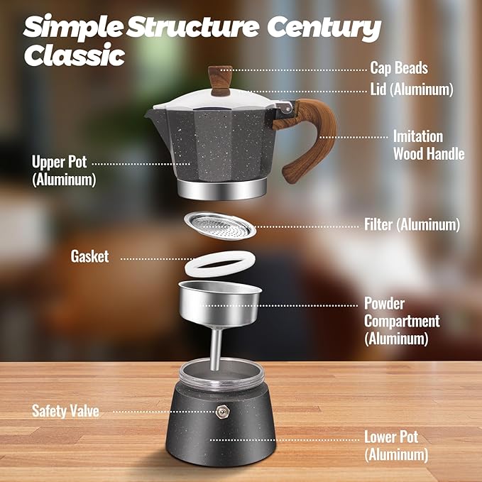 6 Cup Aluminum Moka Pot Classic Stovetop Espresso Coffee Maker 300ml 10oz Coffeemaker Percolator Mocha Pot Greca Coffee Maker Cafe Makers for Italian and Cuban Café Brewing Gray