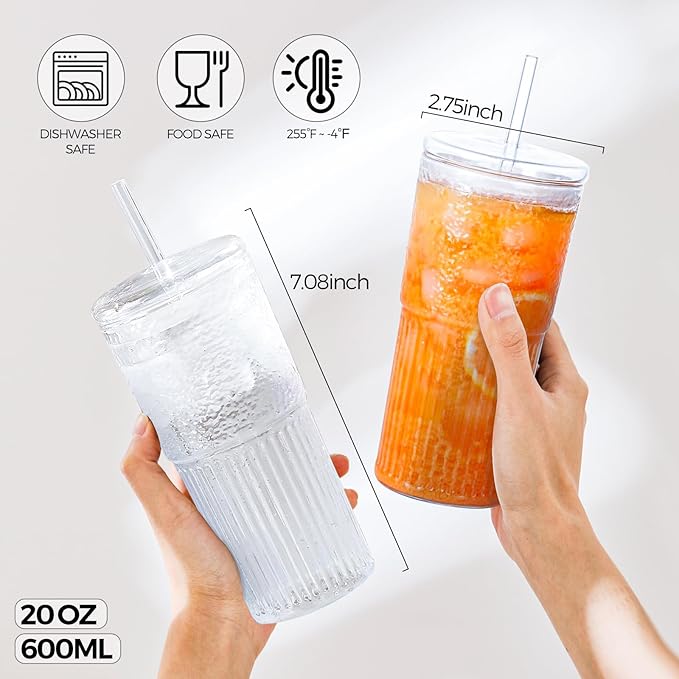2PCS Glass Cups with Lids and Glass Straws, 20OZ Iced Coffee Cups, Home Essential and Coffee Bar Accessories Borosilicate Glass Tumblers with Lid and Straw for Beer, Cocktail, Tea and Latte, Clear