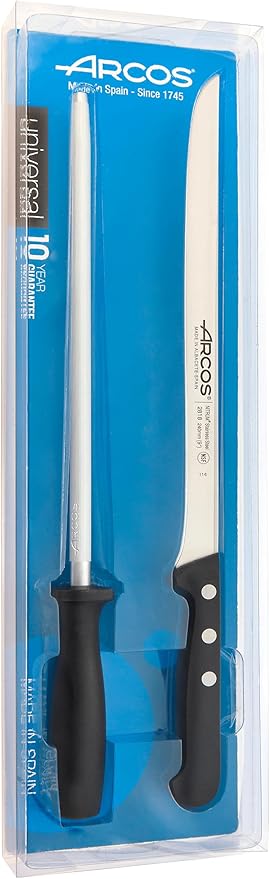 Arcos Universal Serie - Slicing Knife Set Ham Knife Set 2 Pieces (1 Knife + 1 Sharpening Steel) - Nitrum Stainless Steel Blade - Polyoxymethilene (POM) Handle in Black Color, 7