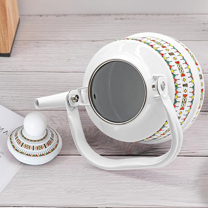 1.1L Arab style Vintage Tea Kettle,Enamel Tea Kettle with Handle,Enameled Teapot Stovetop,Hot Water Kettle for Home Kitchen Decor, No Whistling (White)