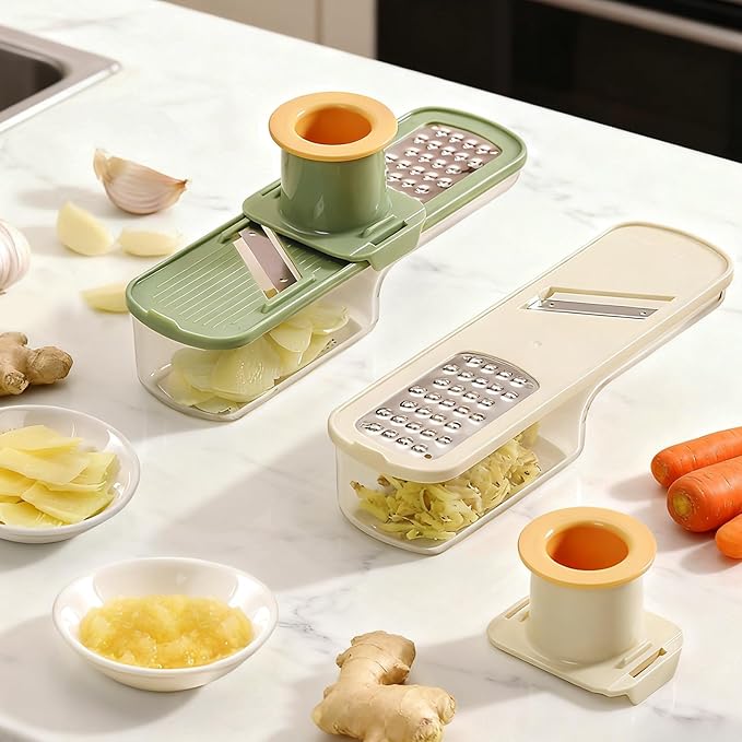 Mini Multifunctional Garlic Grinder, 3-in-1 Garlic Slicer Veggie Shredder with Container, Durable Stainless Steel Blades, Easy to Use and Clean for Kitchen (White)