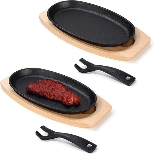 Mifoci 2 Pieces Oval Cast Iron Fajita Skillet Pan Set Small Sizzling Steak Plate with Wooden Base and Handle Cast Iron Fajita Skillet Sizzling Plate for Home(9.5 in X 5.5 in,Natural Wood,2 Pcs)
