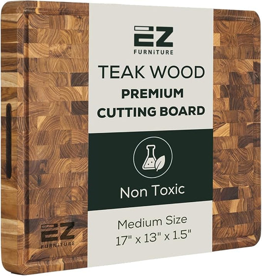 EZ FURNITURE Medium (M) Teak Wood Premium Cutting & Serving Board, Knife Friendly, Pre-Oiled End Grain with Juice Groove & Handles, Non-Toxic (17" x 13" x 1.5", 8.38 lbs)