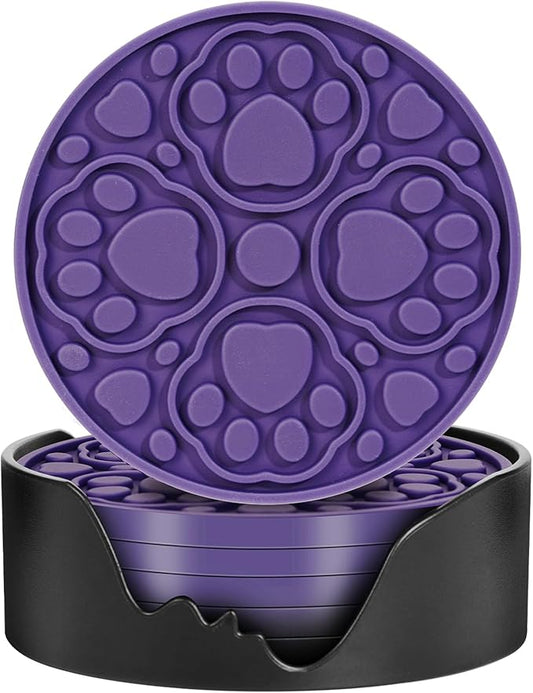 6 Pack Purple Silicone Coffee Coasters with Holder, 4 Inches Non-Slip Decorative Round Coaster for Tabletop, Desk Dishwasher Safe Cup Mat for Bar, Drinks, Beer