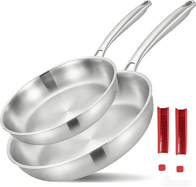 Inqibee 8.5-12 Inch Tri-Ply Stainless Steel Frying Pan set of 2,Skillets,Induction Cooking Pans,Pots and Pans Set,Heavy Duty and Dishwasher Safe,Detachable Handle.