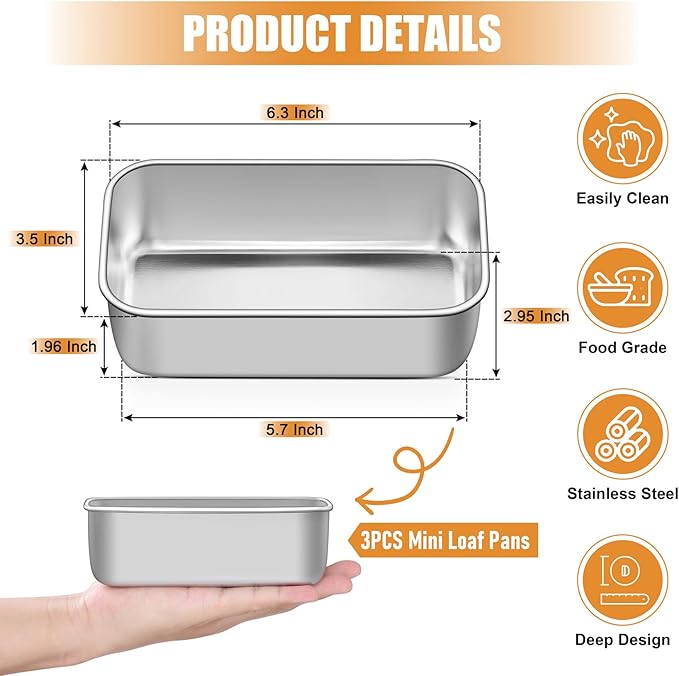 P&P CHEF Mini Loaf Pans Set, 3 PCS Small Bread Loaf Pan for Baking, 6.3 x 3.5 Inch Stainless Steel Baking Pans for Homemade Bread, Meatloaf, Cake and Brownies, Healthy & Non Toxic, Dishwasher Safe
