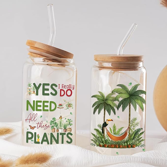 Gifts for Plant Lovers 16 Oz Glass Cup with Lid and Straw Plant Lady Coffee Mug Funny Plants Lover Tumbler Mothers Day Christmas Birthday Present for Gardeners Women Men Mom Dad