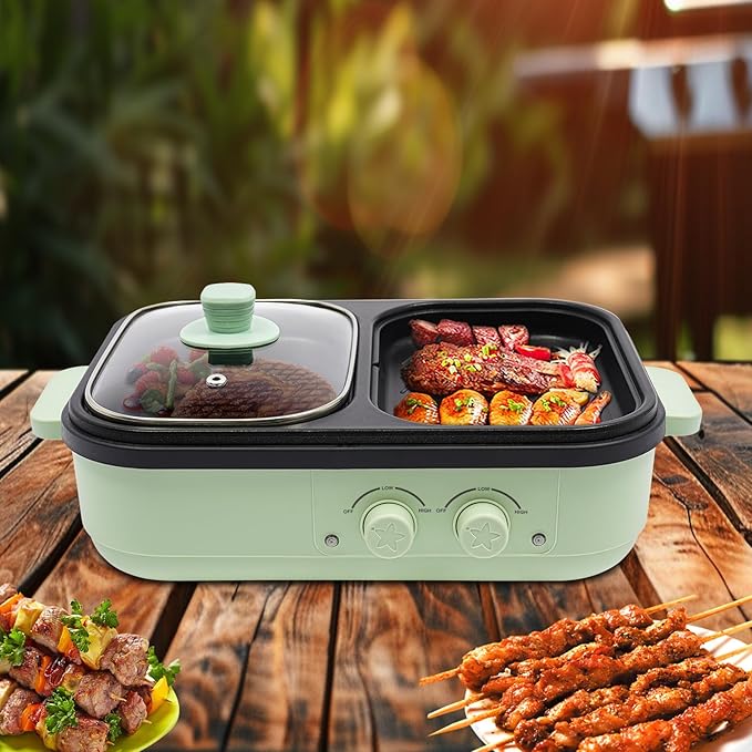 2-in-1 Hot Pot Grill, Electric with Grill, Indoor Non-Stick, Dual Temperature Control, Fast Heating, Portable, Green