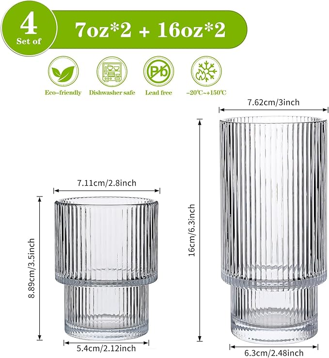 Ribbed Drinking Glasses Set of 4, Stackable Cute Kitchen Glasses Cups 16oz and 7oz Iced Coffee Glasses cocktail Glass cup for Water, Beverage, Whiskey