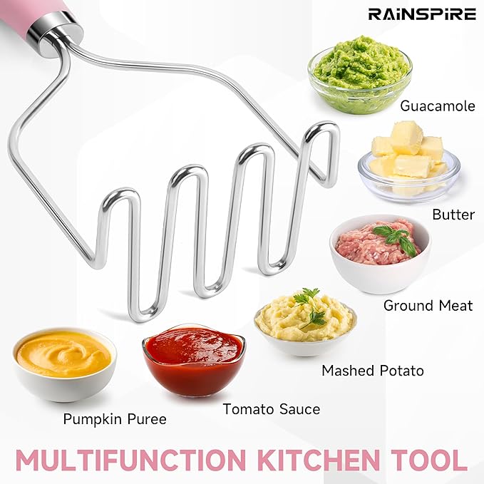Rainspire Potato Masher Stainless Steel, Mashed Potato Masher Kitchen Tool, Durable Mash Potatoes Masher, Soft Non-slip Handle, Kitchen Utensils, Kitchen Gadgets, Pink