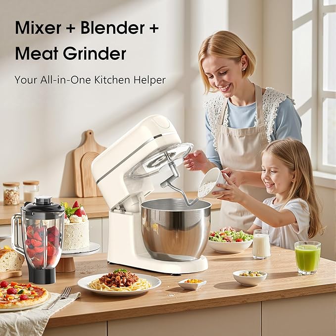 Honinst Stand Mixer, 7-IN-1 6.5QT 660W Multifunctional Electric Kitchen Mixers with Blender, Meat Grinder, Dough Hook, Whisk and Beater, 8-Speed Food Mixer for Baking, Cooking, Food Processing, Beige