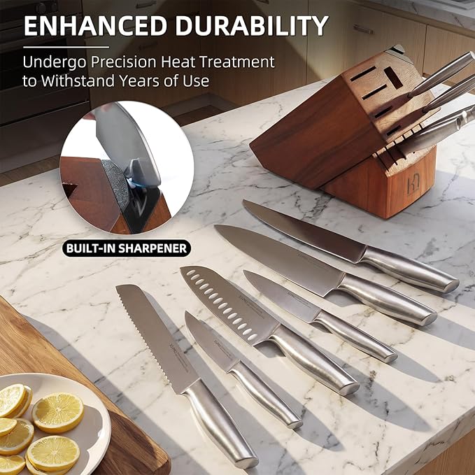 Kitchen Knife Set 14 Piece Premium Japanese High Carbon Stainless Steel Knife Block Sets with Built-in Sharpener, Razor Sharp Knives Set for Kitchen, Quality Acacia Wood Block Knife Set