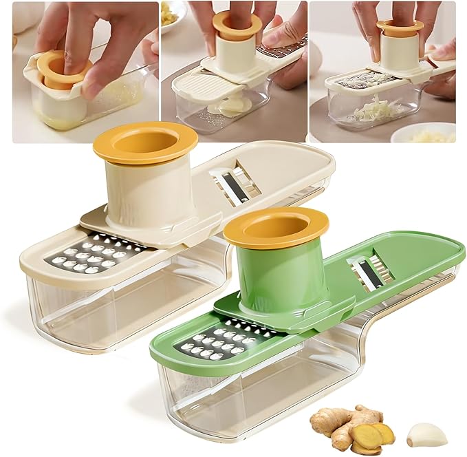 Mini Multifunctional Garlic Grinder, 3-in-1 Garlic Slicer Veggie Shredder with Container, Durable Stainless Steel Blades, Easy to Use and Clean for Kitchen (White & Green)