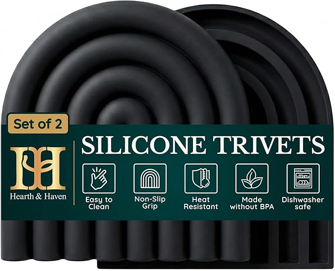 Silicone Trivets for Hot Dishes, Heat-Resistant, Non-Slip Pot Holders for Kitchen & Coasters Durable Hot Pads for Pots, Pans, Baking Dishes & Kitchen Appliances Set of 2 Graphite Noir