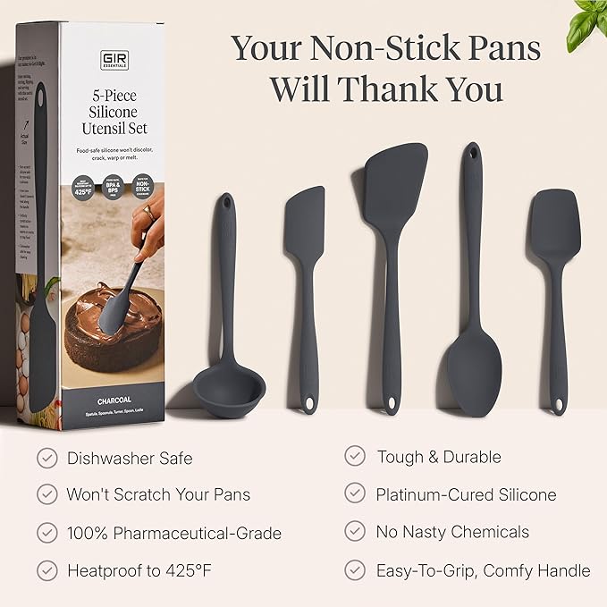 GIR: Get It Right 5 Piece Silicone Essentials Kitchen Utensils Set - Ladle, Spatula, Flip, Spoon & Spoonula - Non-Toxic Cooking Utensils for Nonstick Cookware, Cooking and Baking - Charcoal