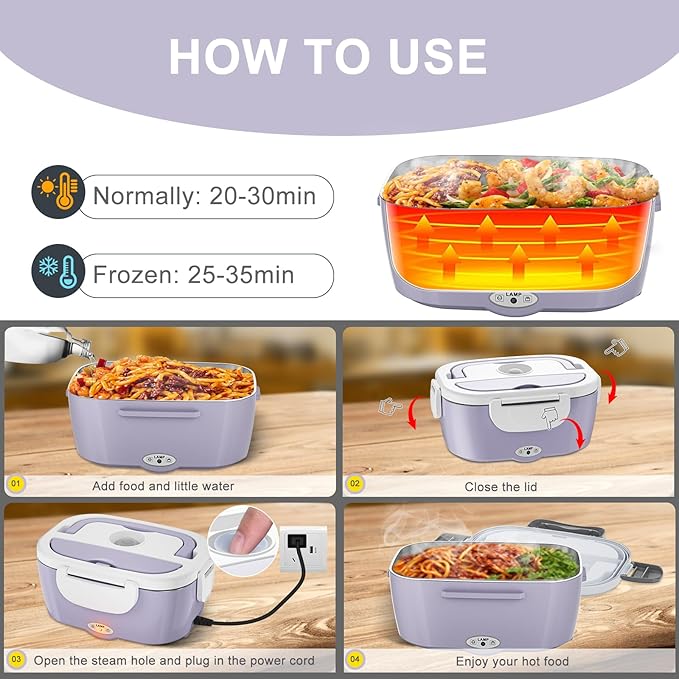 Electric Lunch Box Food Heater - 3 in 1 Portable Leakproof Heated Lunch Box for Car/Home/Adults with 1.5L Removable 304 Stainless Steel Container, 60-80W, 12V/24V/110V (Light Purple)