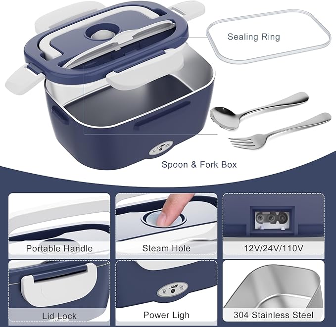 Electric Lunch Box Food Heater - 3 in 1 Portable Leakproof Heated Lunch Box for Car/Home/Adults with 1.5L Removable 304 Stainless Steel Container, Max 80W, 12V/24V/110V (DarkBlue)