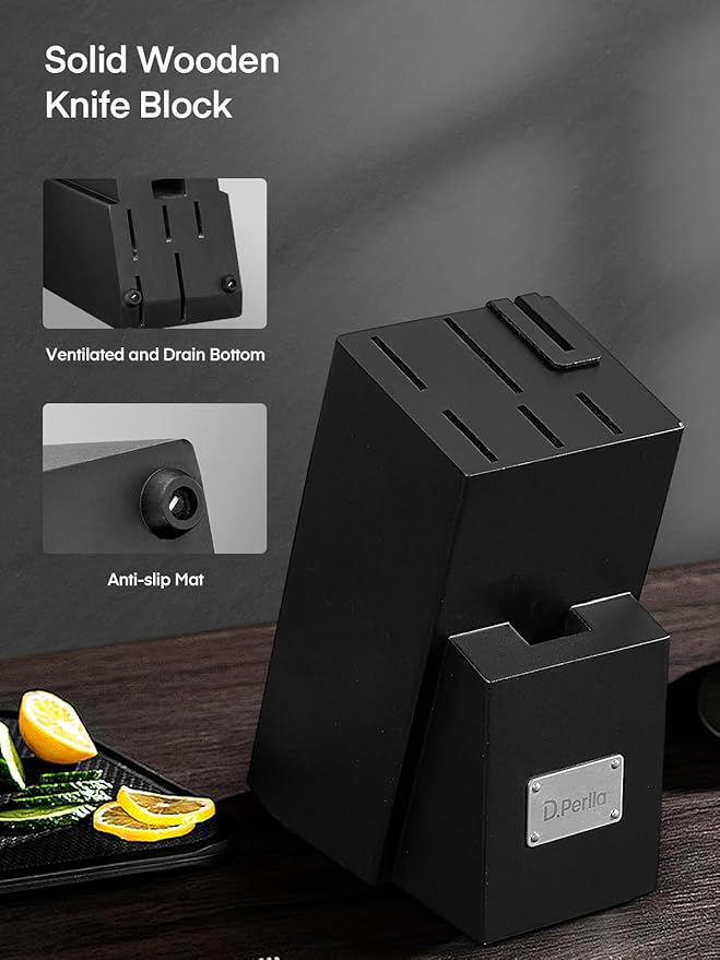 Knife Set, D.Perlla 7 Pieces Kitchen Knife Set with Built-in Sharpener, Stainless Steel Knives Block Set with Unique Waved Pattern, Non-slip Handle, Black