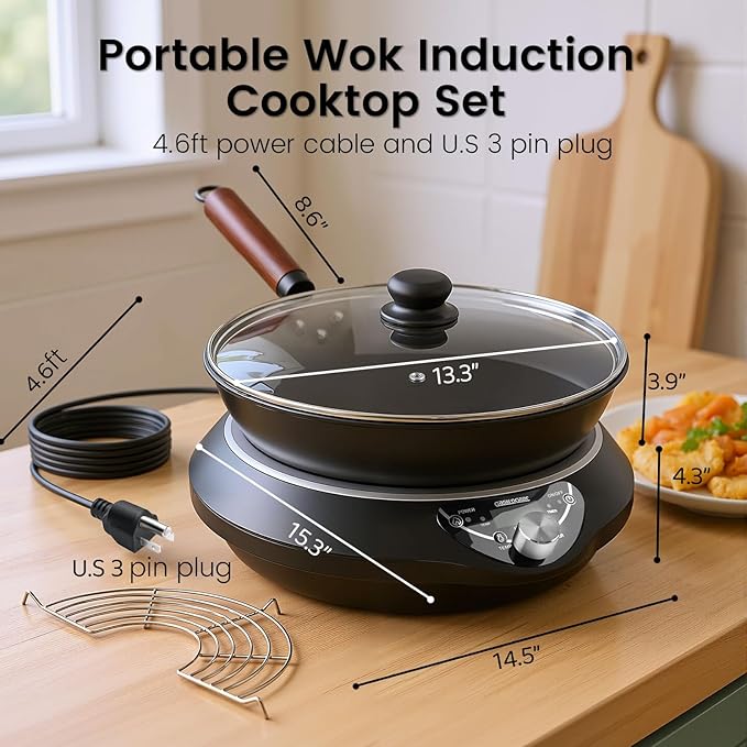 GastroGear Induction Wok Cooktop Set, 2025 New & Improved Electric Skillet Induction Burner w/Carbon Steel Wok, Glass Vented Lid, Rack, 176°F to 464°F, 18 Hrs Timer, Auto-off (Black 110V~120V)
