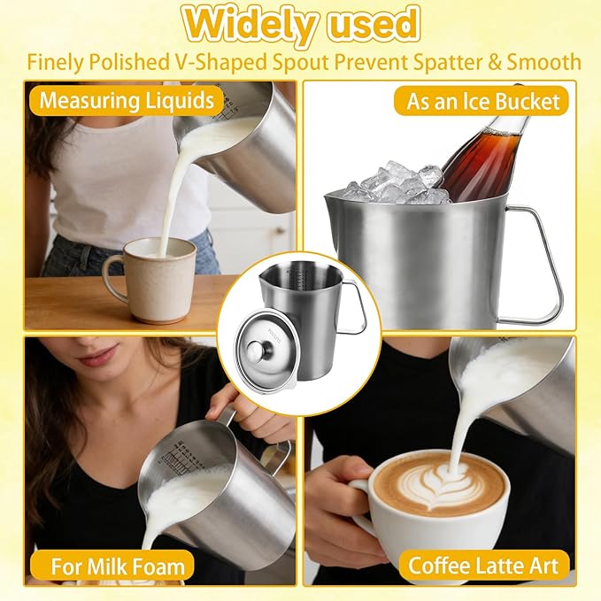 LANIAKEA Stainless Steel Measuring Pitcher with Lid 70 oz / 2L Metal Measuring Cup with Marking with Handle Wide Mouth Graduated Cup for Milk Frothing,Latte Art,Espresso, Hot & Cold Water, Iced Tea