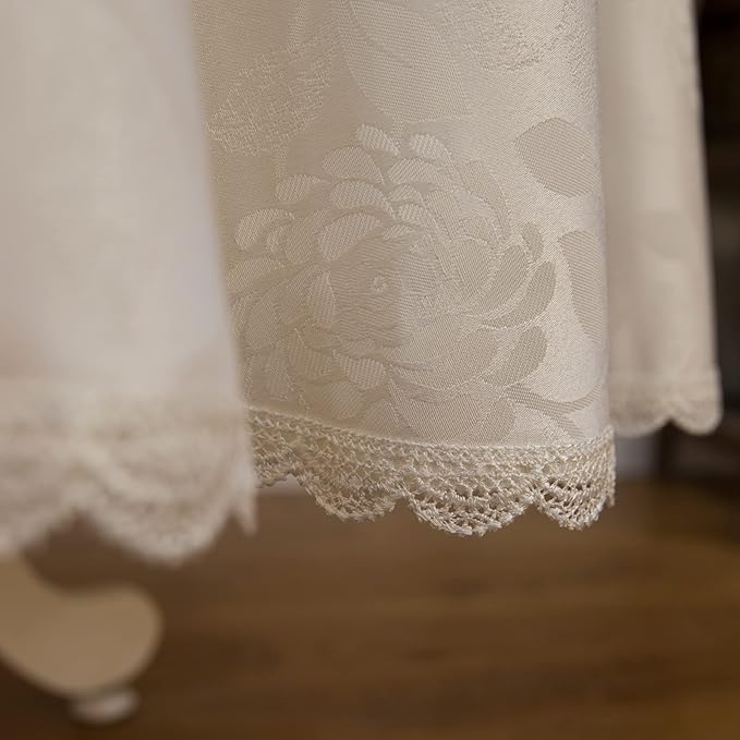 Round Tablecloth Waterproof Spillproof Lace Trim Table Cloth for Wedding Kitchen Dinning Tabletop Decoration,Table Cover for Outdoor and Indoor, 90 Inch Round, Ivory White