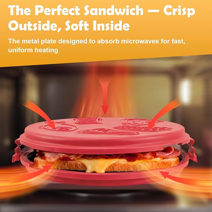 9.5Inch Microwave Sandwich Maker, Microwave Grilled Cheese Maker, Microwave Bacon Cooker, Microwave Toaster, Panini Press, Removable Non-Stick, Grill Crispy in Minutes for Office, Dorm, Travel, Home