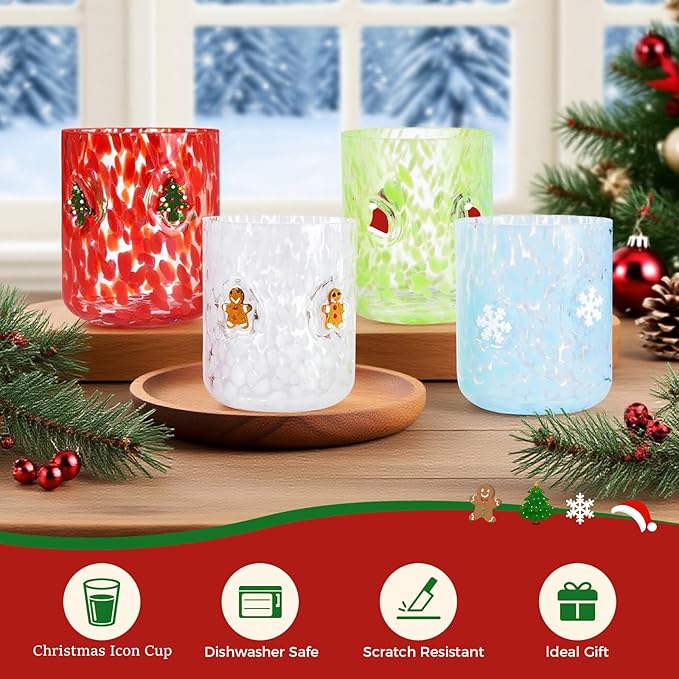 4 PCS 14 Ounce Christmas Icon Juice Glasses,Christmas Drinking Cups,Four Colors and Patterns,Strong and Durable Glasses Are The Great Gifts for Friends!