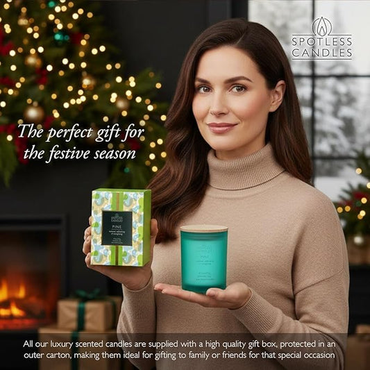 Pine Candle - 9.7 oz /275g 45-55 Hours Burn Time in Green Frosted Glass Jar with Wooden Lid and Wooden Crackling Wick in Luxurious Gift Box - Natural, Refreshing and Energising