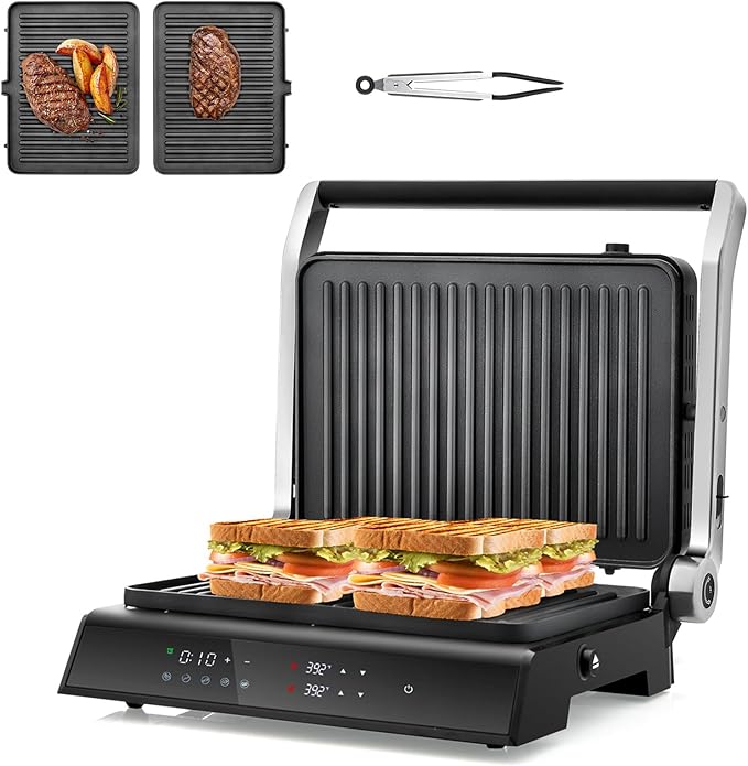 Panini Grill Press Sandwich Maker, 3 In 1 Sandwich Maker with Removable Plates & Led Display, 1200w Panini Press Machine for Toaster, Bread, BBQ, Vegetable