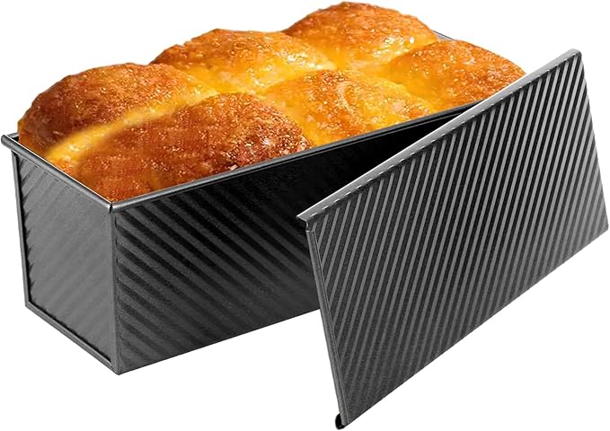 AVSQUINE Non-Stick Pullman Loaf Pan with Lid 13x4 Inch - 2.2lb Carbon Steel Bread Baking Pan with 4 Vent Holes, Heavy Duty Sourdough Loaf Pan with Cover for Homemade Sandwich Bread (Black)