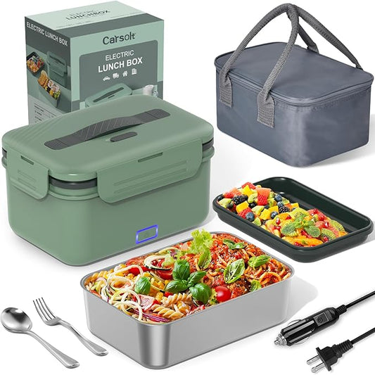Electric Lunch Box Food Heater Upgrade 3 in 1 Portable Food Warmer 60-100W Leakproof Heated Lunch Box for Adults Car/Truck/Office with 1.8L SS Container Fork Spoon Carry Bag, 12V/24V/110V