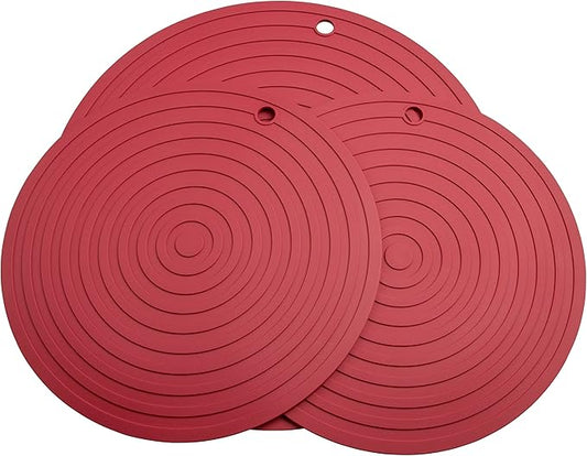 Silicone Trivets for Pots and Pans, Heat Resistant Pot Holders, Flexible Hot Pads for Kitchen Table, Non Slip Mats, Dia11.81 and 9.45 Inches Big Round Microwave Mats Pack 3 Burgundy
