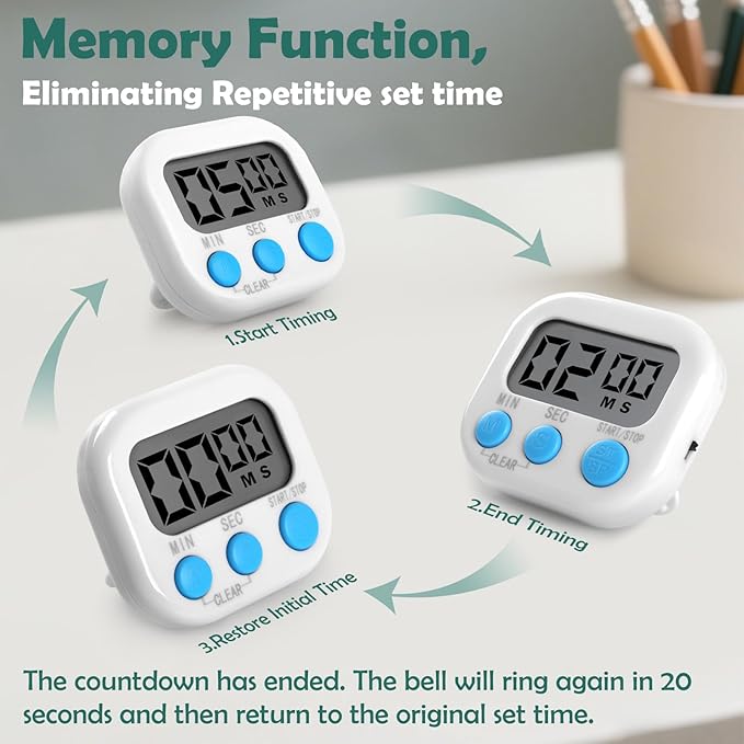Kitchen Timers 4 Pack, Electronic Timers with Loud Alarm for Cooking, Magnetic Digital Timers Big LCD Display 4 White(No Battery Included)