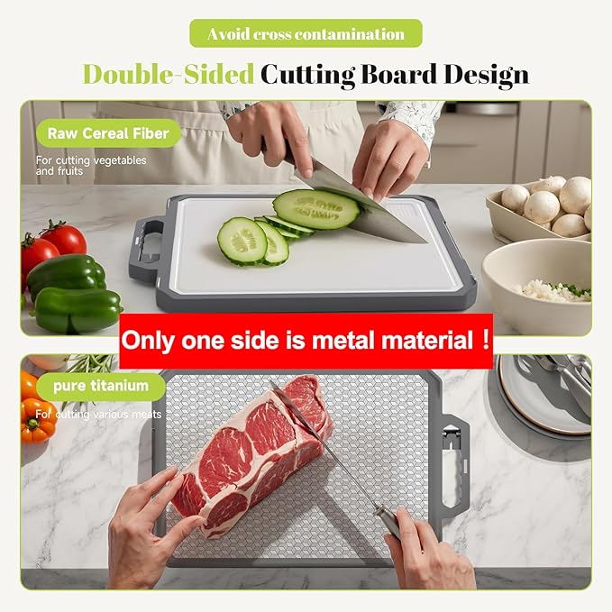 1 PCS Titanium Cutting Board,1 side Titanium Other side Wheat Straw PP, Double Sided Non Toxic Chopping Board for Kitchen, Food Grade, Scratch Resistant Mesh Design, 17.2"*12" Large Size