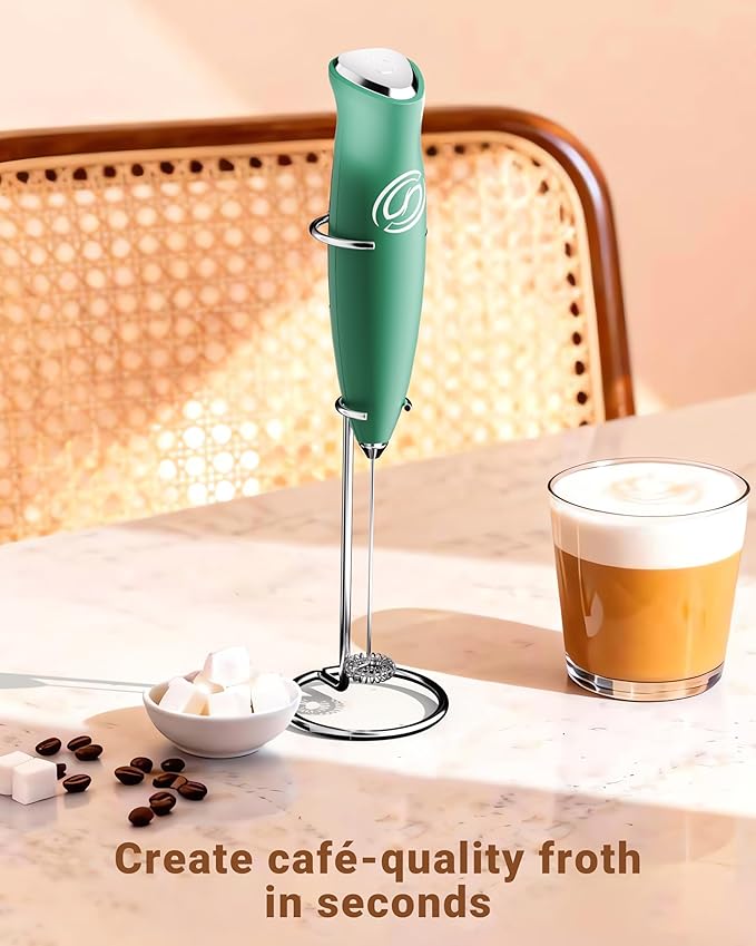 HeyLotie Milk Frother With Stand Handheld Frother Wand Drink Mixer Handheld Coffee Stirrers Electric Frother for Coffee Mixer Wand with 2 Whisk frother for protein powder-Green