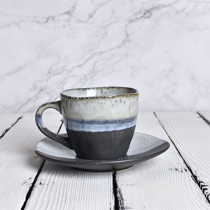 Bosmarlin Stoneware Coffee Cup Mug with Saucer Set of 2 for Latte, Cappuccino, Tea, Oz, Dishwasher and Microwave Safe (Black, 2)