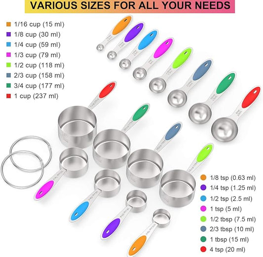 Measuring Cups & Spoons Set of 16, Wildone Premium Stainless Steel Measuring Cups and Measuring Spoons with Colored Silicone Handle, Including 8 Nesting Cups, 8 Spoons, for Dry and Liquid Ingredient